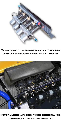 Four Cylinder Throttle body with Increased Depth Fuel Rail Spacer and Carbon Trumpets